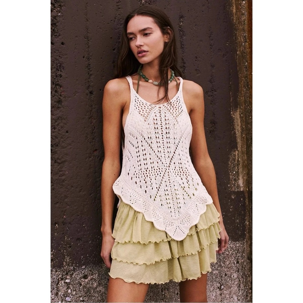 Free People Retro 70s Beachy Crochet Sea Song Sweater Tank Tunic Large Neutral